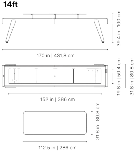 Track étkező shuffleboard asztal 14 láb – gyártói méretrajz