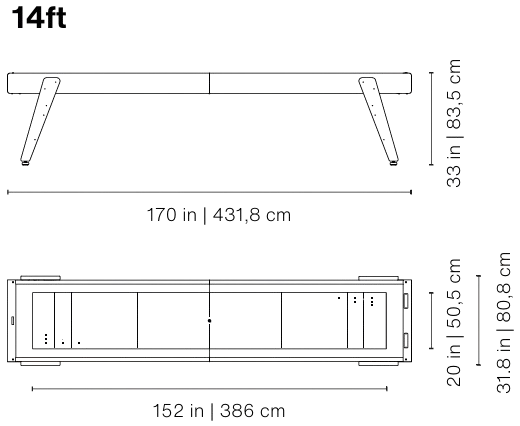 Track shuffleboard asztal 14 láb – gyártói méretrajz